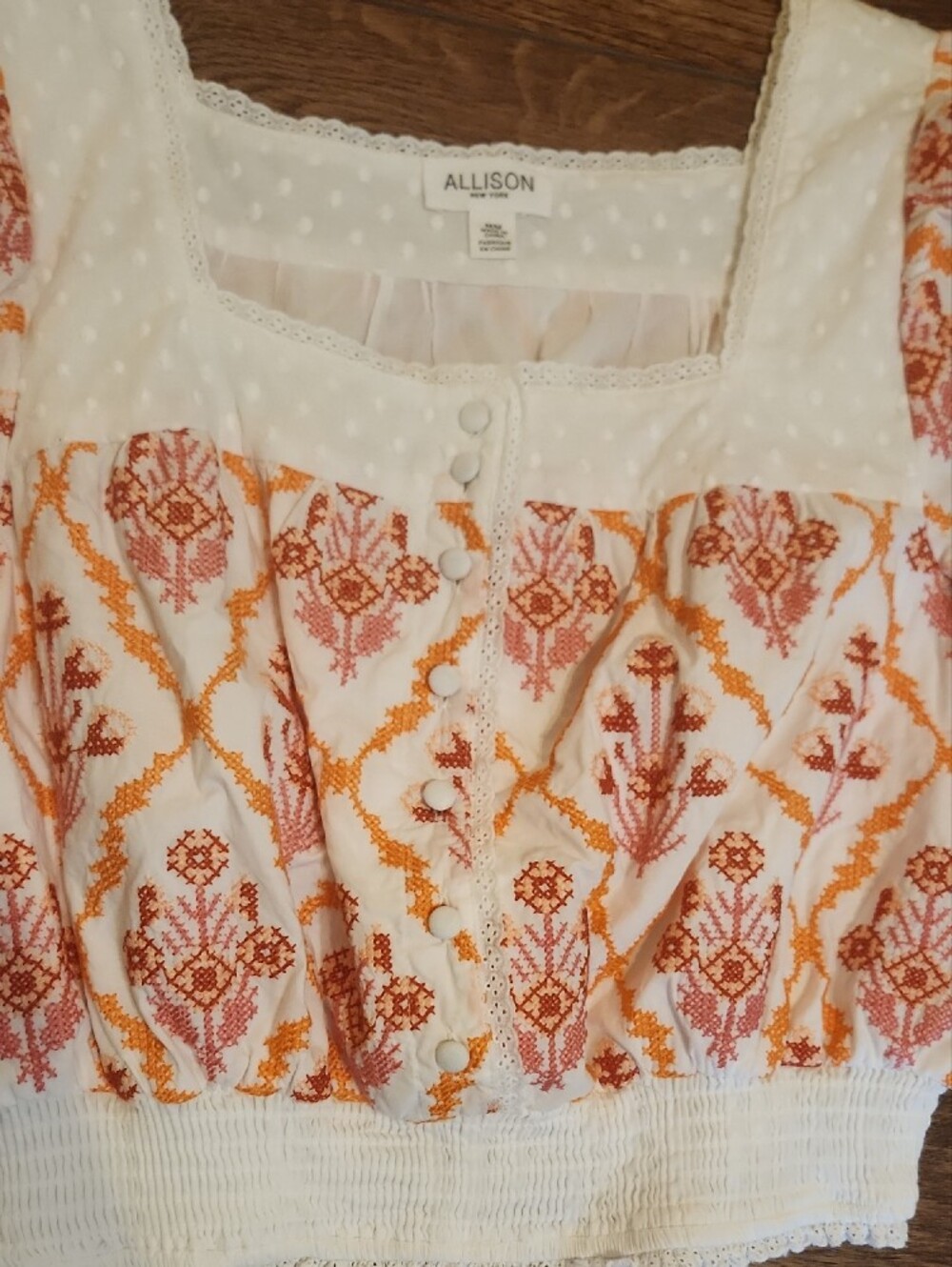White Cropped Peasant Top with Pink And Orange Floral Print - Picture 4 of 11